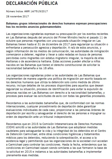 Las organizaciones firmante: OBMICA, Amnistía Internacional, Centro para la Justicia y el Derecho Internacional (CEJIL), Instituto Caribeño de Derechos Humanos, Institute on Race, Equality and Human Rights, Robert F. Kennedy Human Rights y Washington Office on Latin America (WOLA).