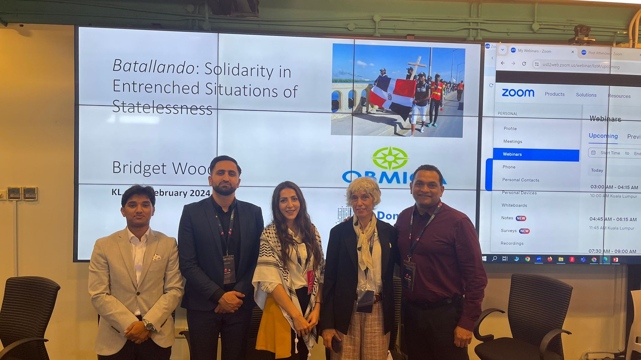 Expositores-as y Moderador (de izquierda a la derecha) Sirazul Islam (European Network on Statelessness), Elwis Berisha (Executive Director Roma youth organization, Montenegro), Ahmad Jaber (Institute Statelessness and Inclusion), Bridget Wooding (OBMICA), Joshua Castellino (Minority Rights Group)
